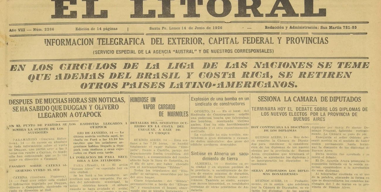 14 de junio de 1926: así era el mundo hace cien años, visto a través de El Litoral