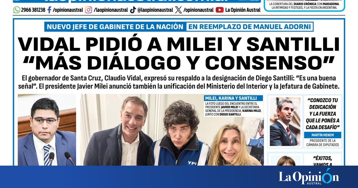 Tapa del Diario La Opinión Austral del lunes 29 de junio de 2026, Río Gallegos, Santa Cruz, Argentina