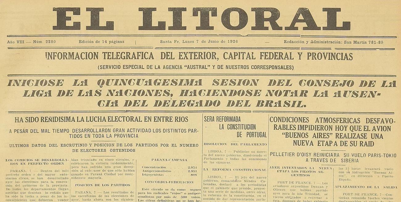 7 de junio de 1926: así era el mundo hace cien años, visto a través de El Litoral