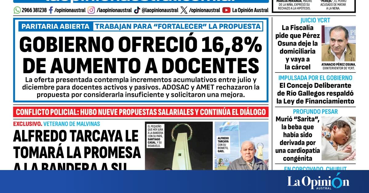 Tapa del Diario La Opinión Austral del viernes 19 de junio de 2026, Río Gallegos, Santa Cruz, Argentina