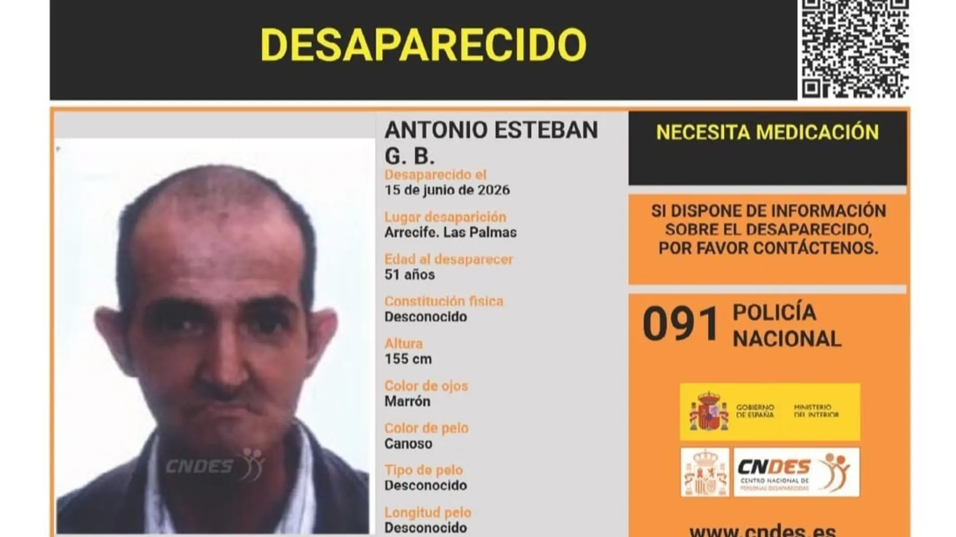 Piden colaboración para encontrar a Antonio Esteban, desaparecido en Lanzarote el 15 de junio