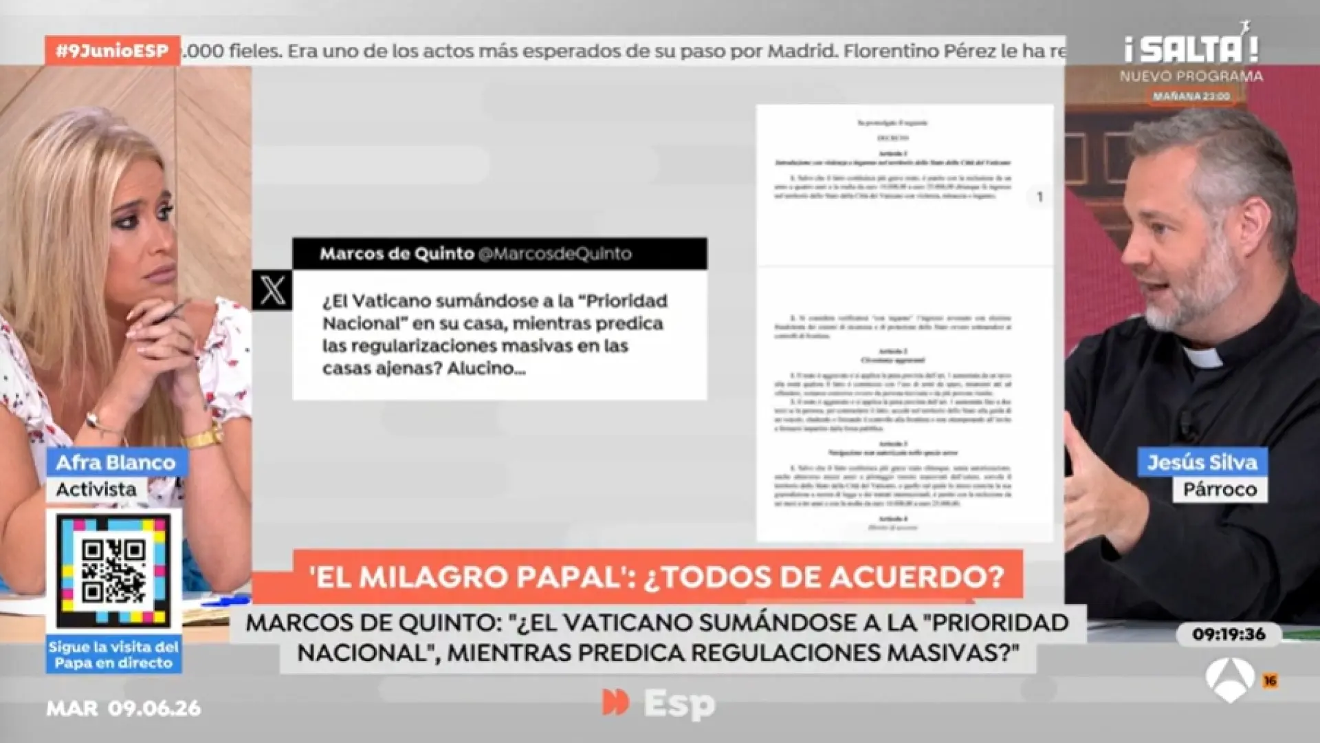Tensión entre Afra Blanco y el párroco Jesús Silva: "Vox tiene como referente al Papa, pero no respeta la dignidad humana"