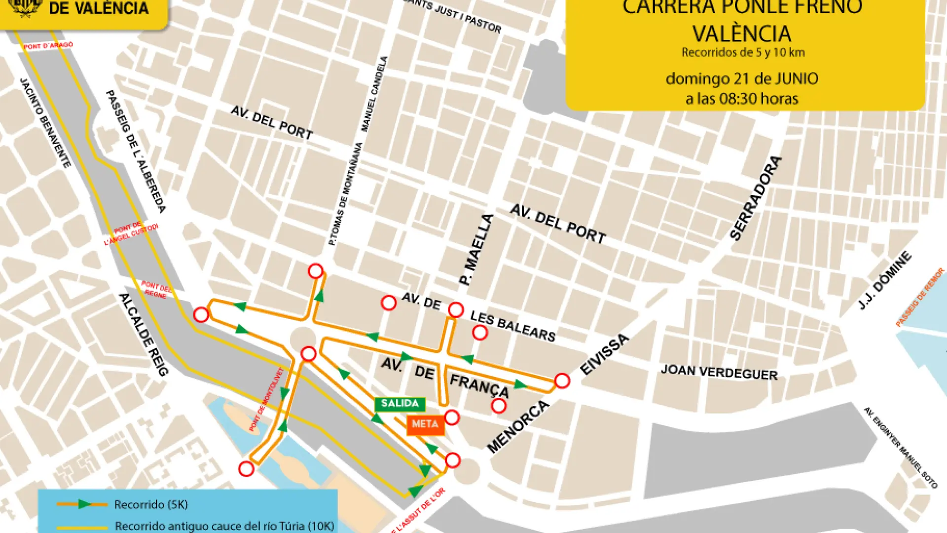 Cortes de tráfico y 4 líneas de la EMT afectadas por la Carrera Ponle Freno este domingo en Valencia