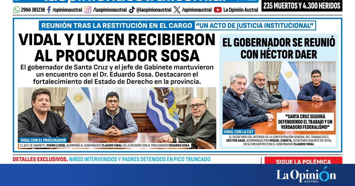 Tapa del Diario La Opinión Austral del viernes 26 de junio de 2026, Río Gallegos, Santa Cruz, Argentina