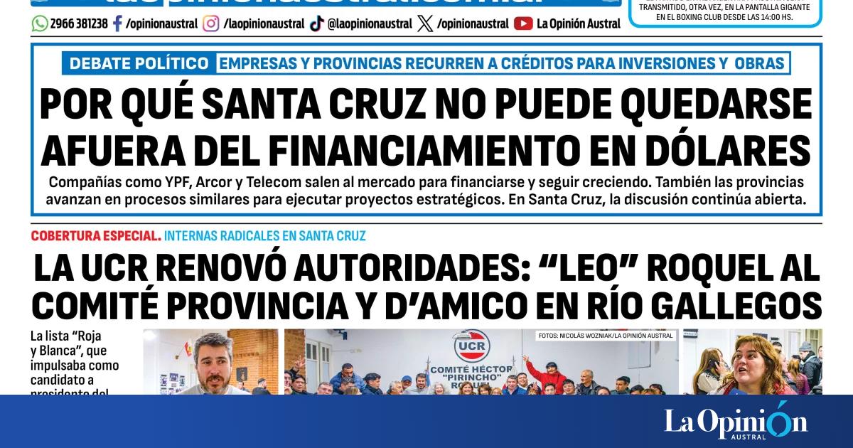 Tapa del Diario La Opinión Austral del lunes 22 de junio de 2026, Río Gallegos, Santa Cruz, Argentina
