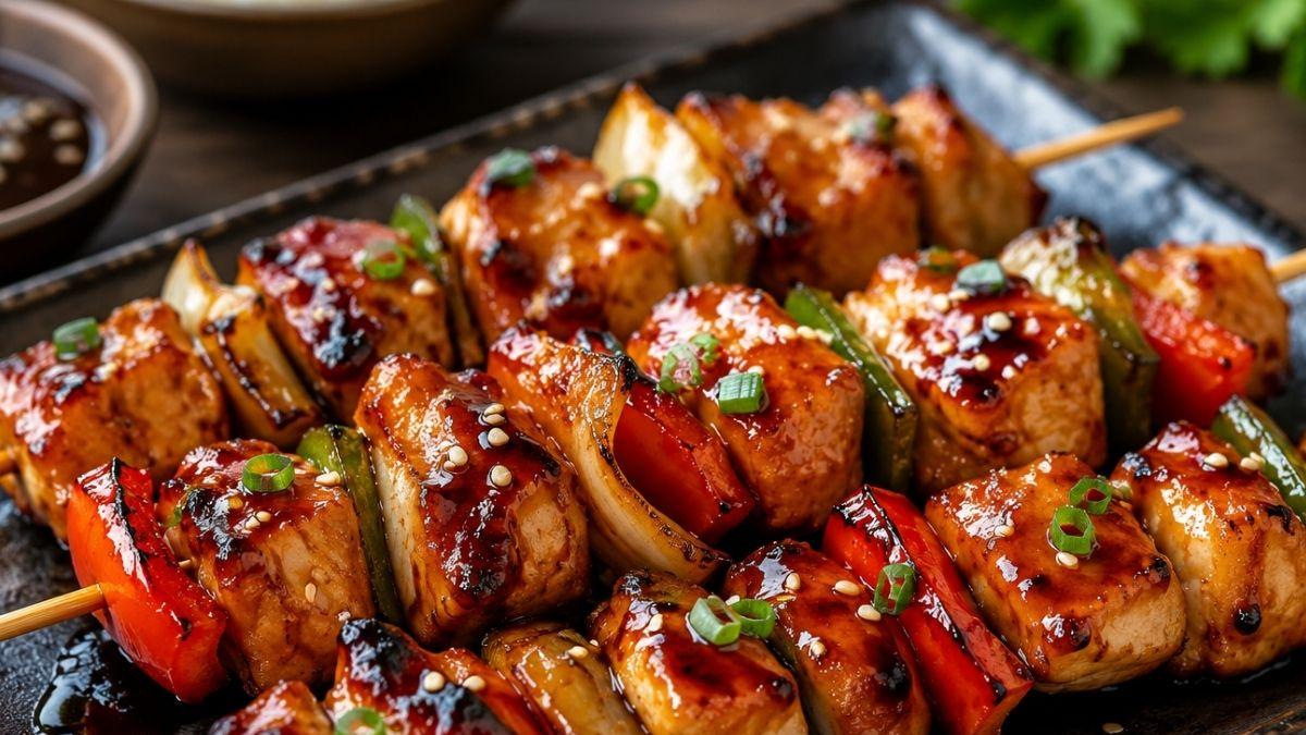 Sencillas brochetas de pollo teriyaki para botanear o comer con sabor oriental