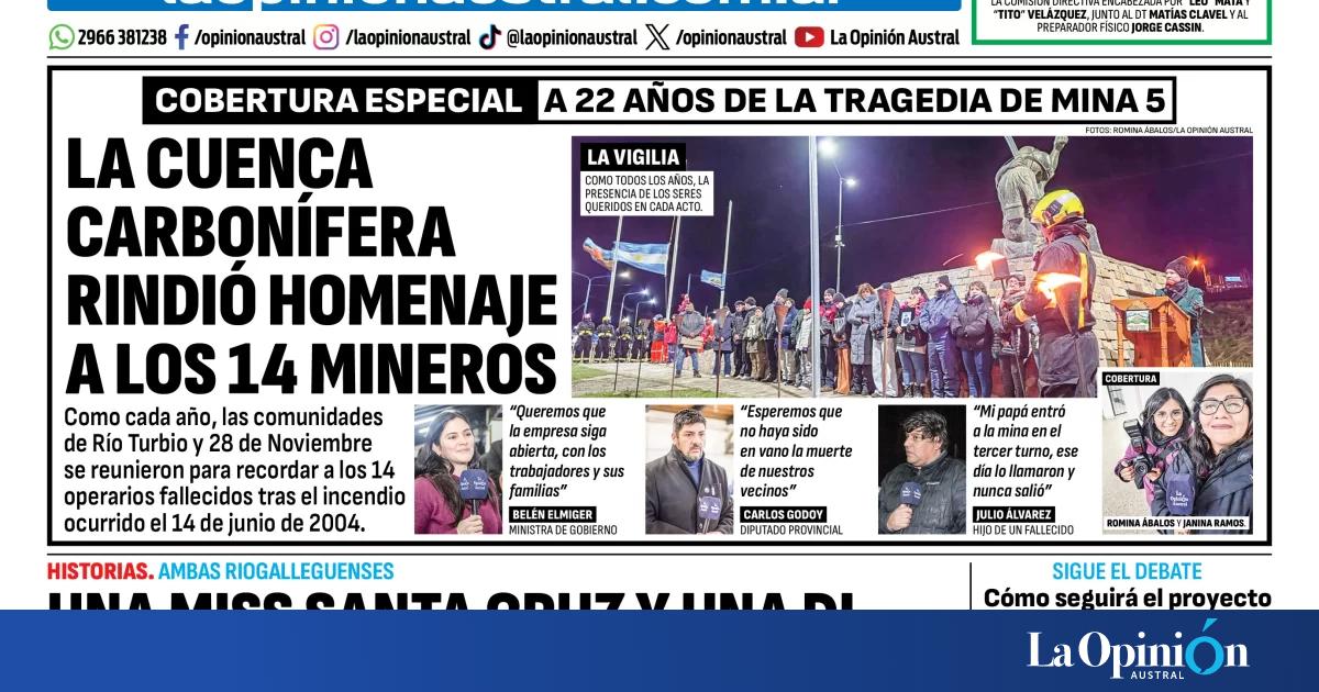 Tapa del Diario La Opinión Austral del domingo 14 de junio de 2026, Río Gallegos, Santa Cruz, Argentina