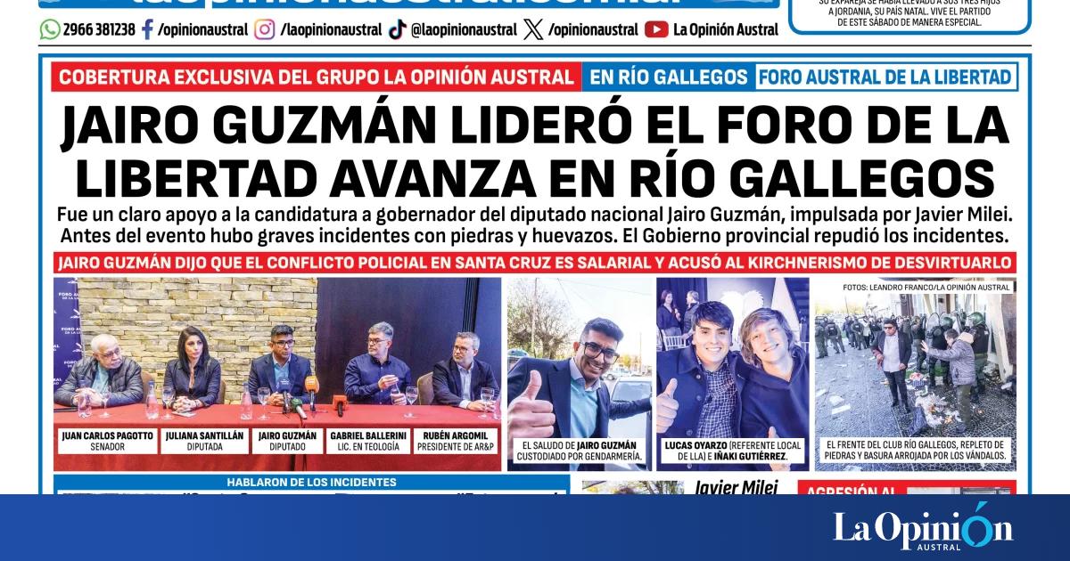 Tapa del Diario La Opinión Austral del sábado 27 de junio de 2026, Río Gallegos, Santa Cruz, Argentina