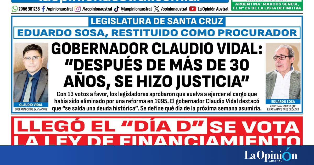 Tapa del Diario La Opinión Austral del viernes 12 de junio de 2026, Río Gallegos, Santa Cruz, Argentina