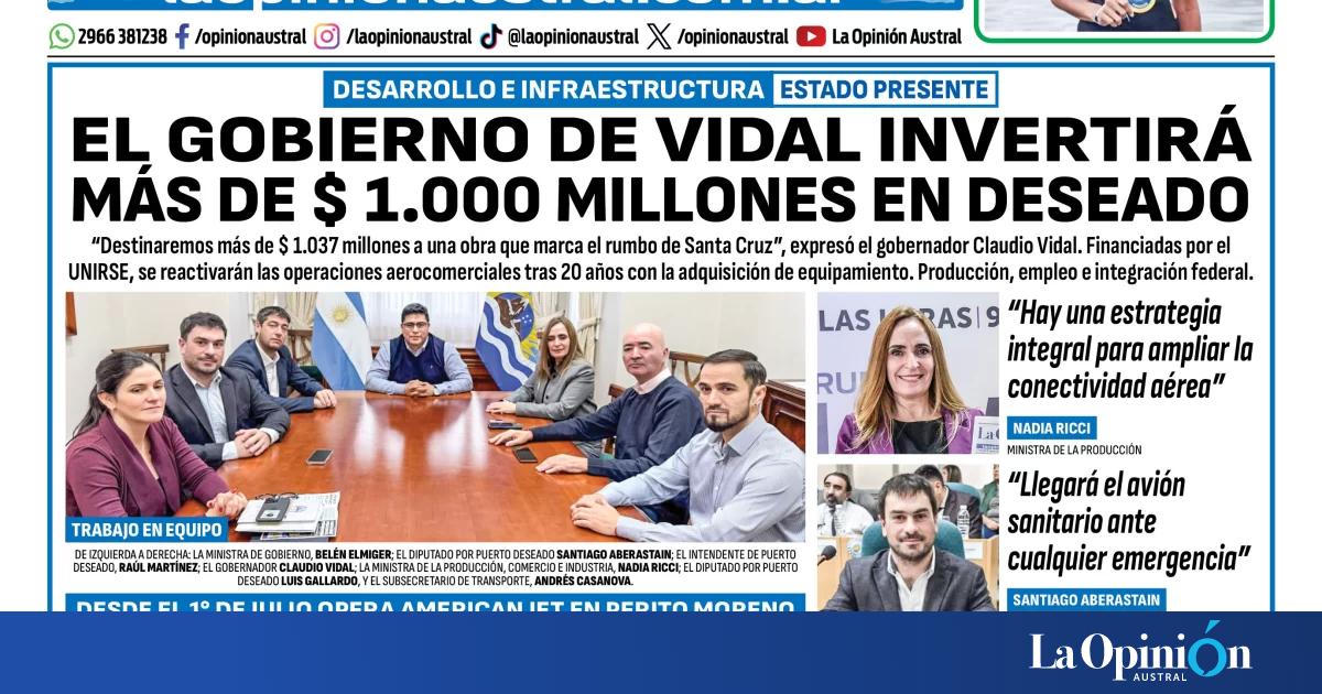 Tapa del Diario La Opinión Austral del miércoles 24 de junio de 2026, Río Gallegos, Santa Cruz, Argentina