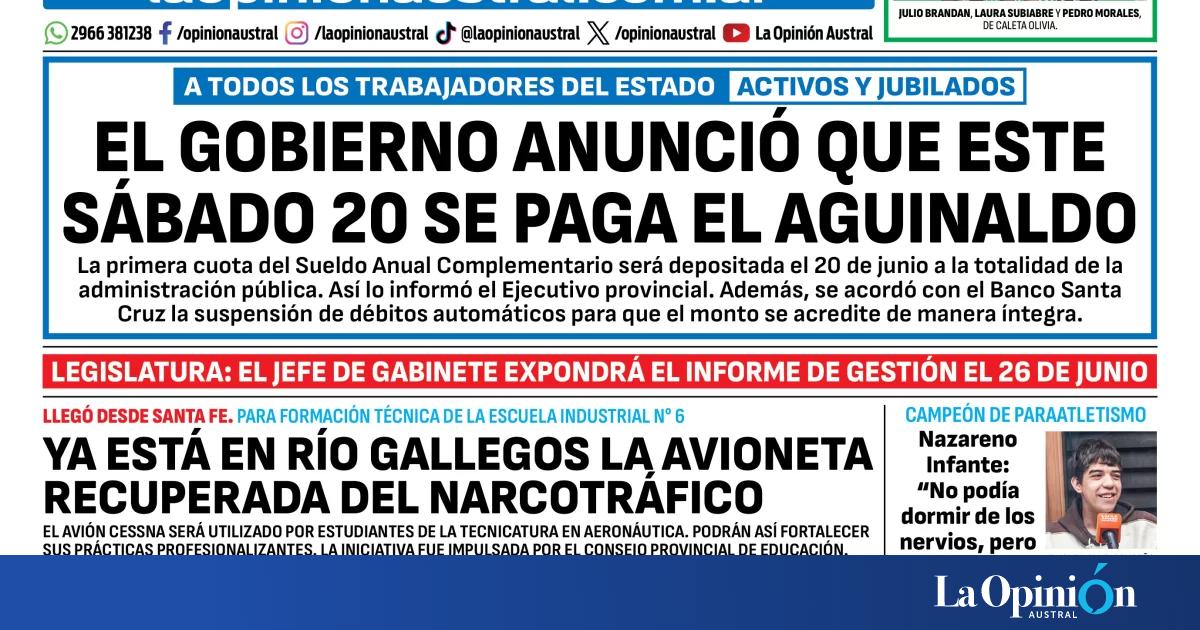 Tapa del Diario La Opinión Austral del jueves 18 de junio de 2026, Río Gallegos, Santa Cruz, Argentina