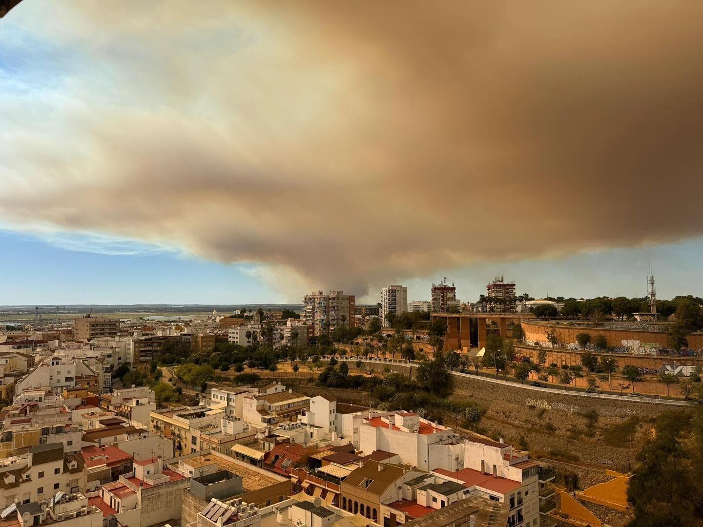Un centenar de bomberos luchan contra un incendio que cubre de humo y cenizas el cielo de Huelva