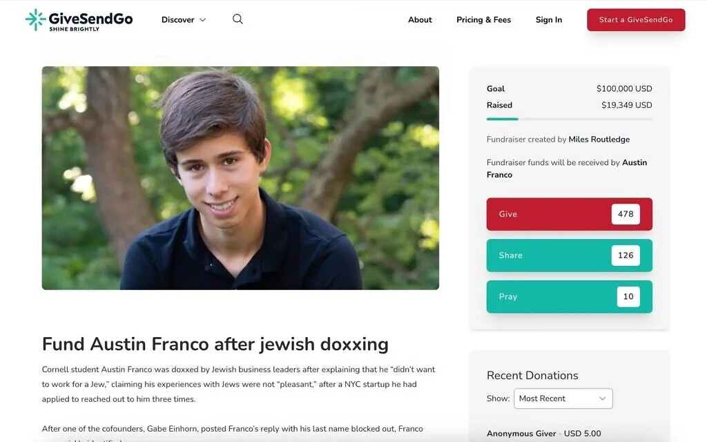 Far-right streamer raises nearly $20K for Cornell student 'not interested in working for a jew'
