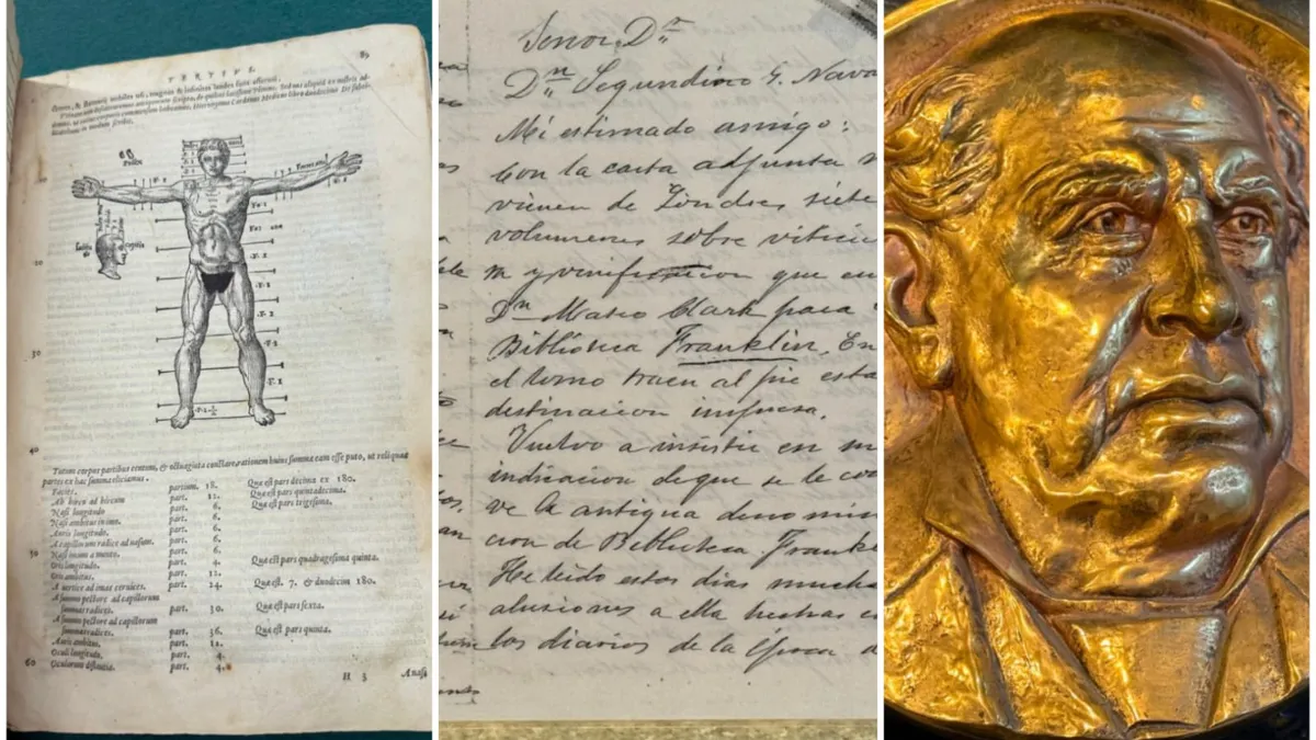 Los tesoros de la Biblioteca Franklin: un libro de Vitrubio de 1567, la carta de Sarmiento y el medallón de bronce que sobrevivió un incendio