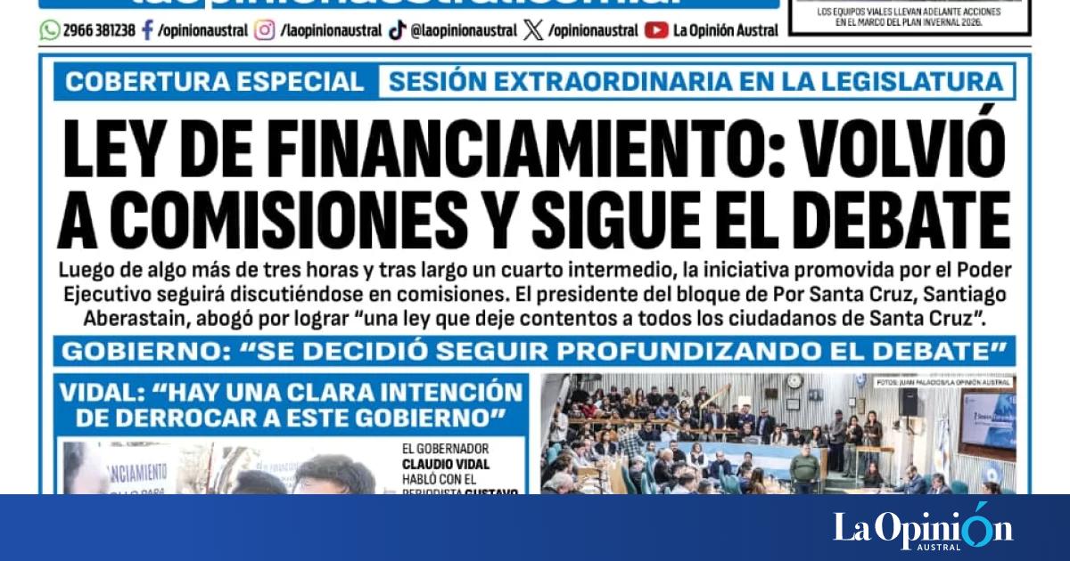 Tapa del Diario La Opinión Austral del sábado 13 de junio de 2026, Río Gallegos, Santa Cruz, Argentina