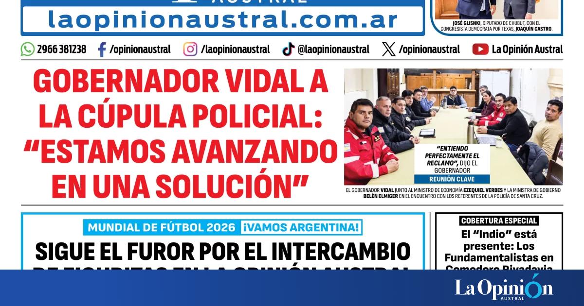 Tapa del Diario La Opinión Austral del domingo 7 de junio de 2026, Río Gallegos, Santa Cruz, Argentina