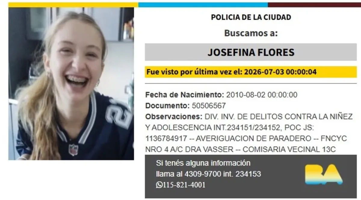Buscan a Josefina Flores, una adolescente de 15 años desaparecida en Belgrano