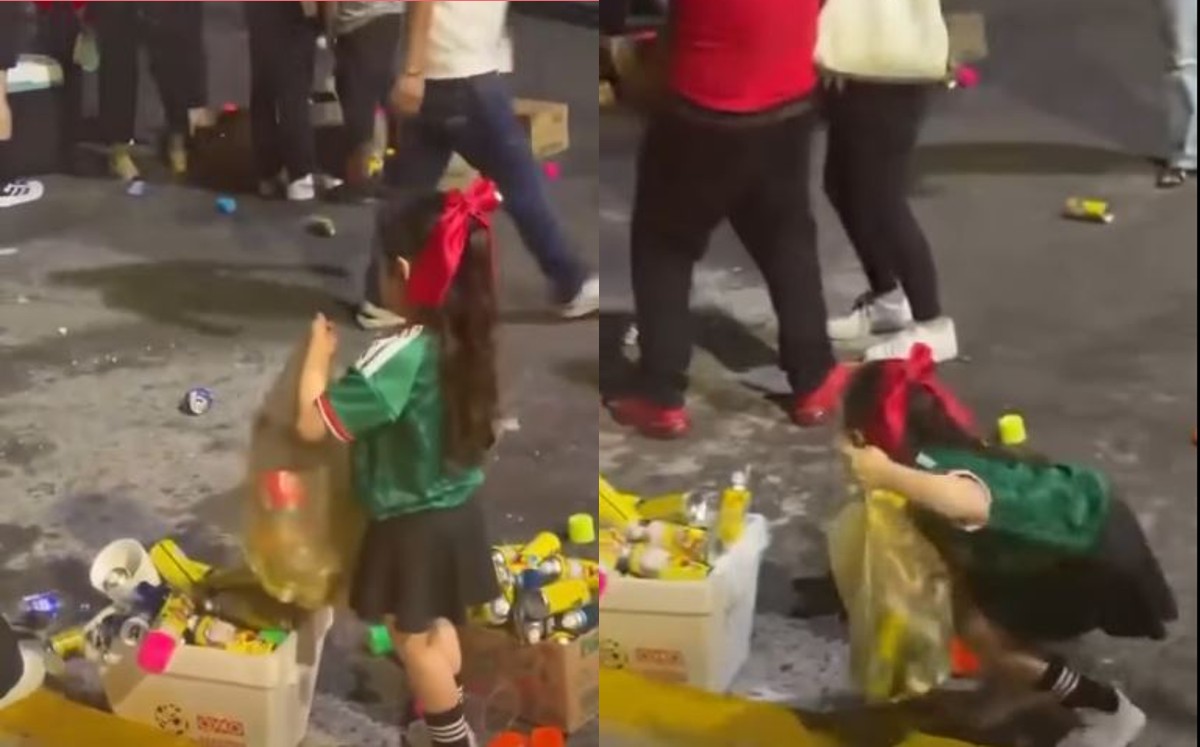 Niña limpia basura tras Fan Fest de México en Nuevo Laredo