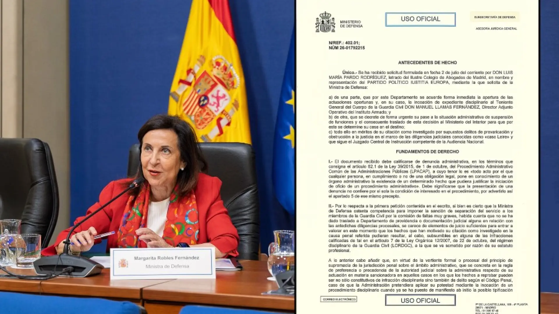 Defensa no suspende al DAO de la Guardia Civil por el caso Leire porque carece de "elementos de juicio suficientes"