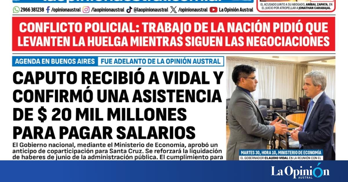 Tapa del Diario La Opinión Austral del miércoles 1 de julio de 2026, Río Gallegos, Santa Cruz, Argentina